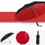 Parapluie automatique luxe rouge et noir, design élégant vu sous différents angles, parfait pour style et protection intempériale.
