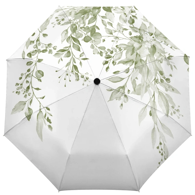 Parapluie automatique vert sauge avec motifs feuillage, élégant et pratique, parfait pour une protection stylée sous la pluie.