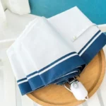 Parapluie blanc automatique avec bord coloré, élégant et pratique, parfait pour la pluie, design moderne posé sur une table en bois.