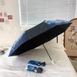 Parapluie bleu mécanique avec motifs étoilés, accessoires coordonnés, posé sur un lit blanc dans un décor minimaliste et chic