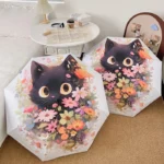 Parapluie automatique beige noir avec motif tête de chat, design élégant et pratique, idéal pour amoureux des chats et collectionneurs.