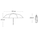 Parapluie automatique bleu avec motif chat, compact et pratique, ouvert (97x57 cm) et plié (29 cm), idéal pour le quotidien.