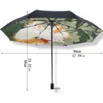 Parapluie chat manuel noir avec dessins colorés dessous, diamètre 96 cm, motifs floraux sur fond vert pour un style élégant.