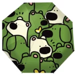 Parapluie automatique vert avec tête de chien, design ludique et tendance, parfait pour allier protection et style sous la pluie.