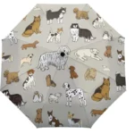 Parapluie manuel avec motifs variés de chiens colorés, idéal pour un style original et pratique par temps de pluie.