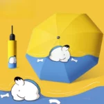 Parapluie chien pliant manuel bleu et jaune avec design cartoon ludique, housse assortie, idéal pour les jours de pluie.