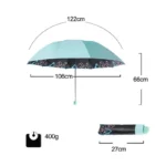 Parapluie cœur manuel vert à 10 baleines, 122 cm de diamètre, 66 cm de hauteur, plié à 27 cm, léger et élégant.