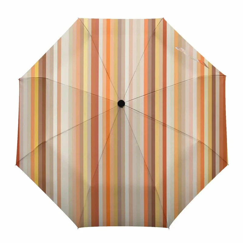 Parapluie enfant automatique avec rayures orange, beige et marron, offrant style et protection contre la pluie, idéal pour tous.