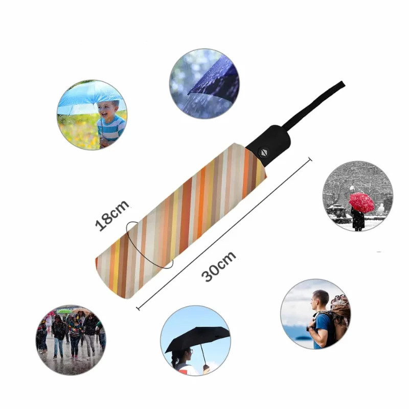 Parapluie enfant automatique rayé orange et marron, compact et pratique, idéal pour protéger les petits par temps de pluie.