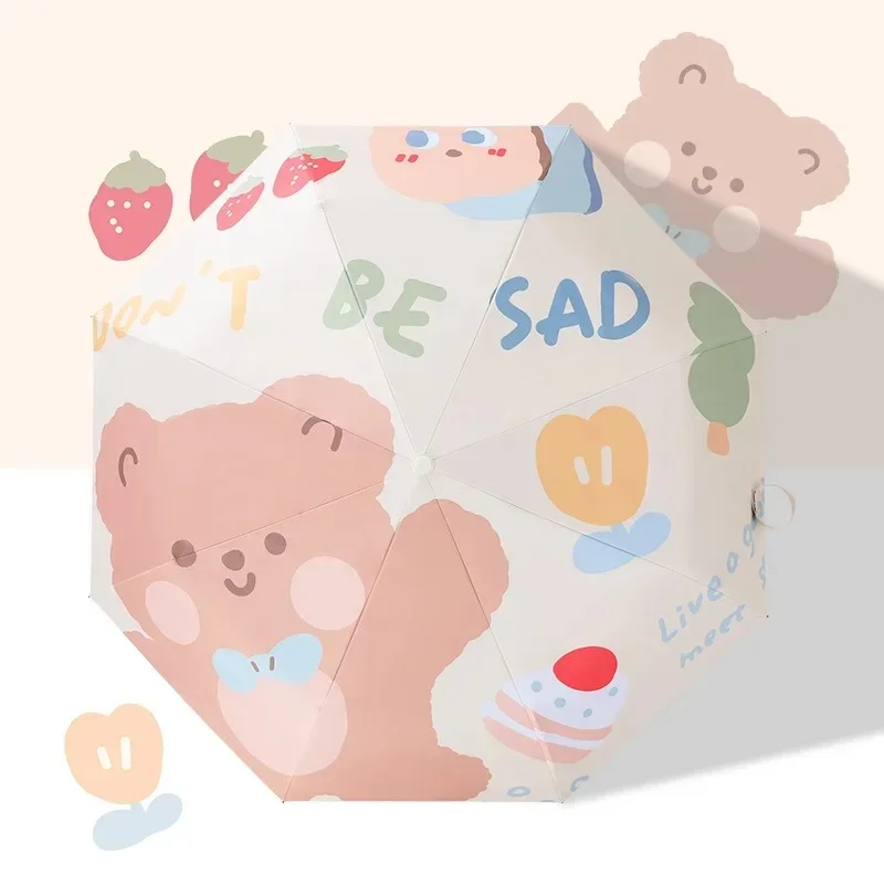 Parapluie enfant automatique ourson avec motifs joyeux, fraises et slogan Don't be sad, idéal pour des jours de pluie colorés.