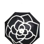 Parapluie droit noir beige anti-UV, motif floral blanc, élégant et pratique, protection efficace contre la pluie et le soleil.