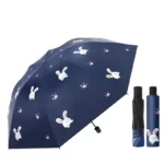Parapluie automatique enfant bleu marine motifs lapins, anti-UV, pratique et ludique pour se protéger les jours de pluie.