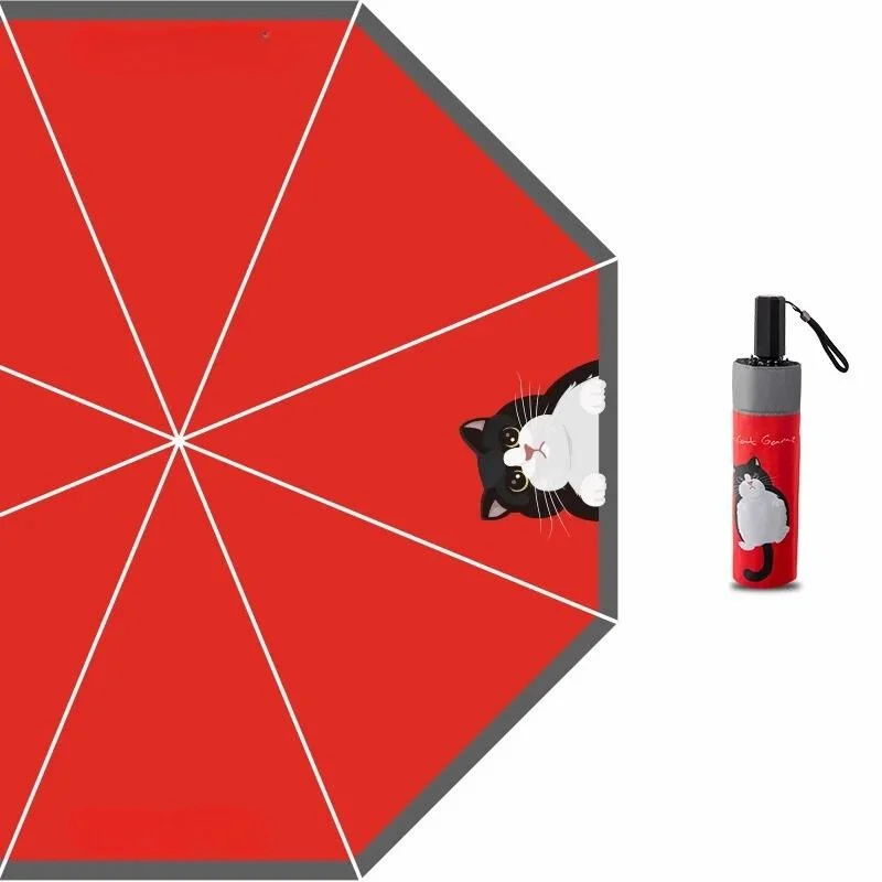 Parapluie pliant rouge avec motif chat noir, léger et pratique, parfait pour les amoureux des chats et les journées pluvieuses.