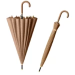 Parapluie marron uni couleur café, design moderne et finition soignée, vu plié et déplié pour une élégance et fonctionnalité optimales.