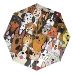 Parapluie automatique coloré avec motif chiens de différentes races, design ludique et fond noir, parfait pour toutes les occasions.