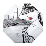 Parapluie chic femme au chapeau, illustration Paris avec Tour Eiffel et Seine, accessoire mode élégant pour tous temps.