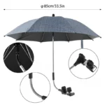 Parapluie poussette et landeau anti-UV 85 cm, design bicolore, support flexible, pinces pratiques, parfait contre pluie et soleil.