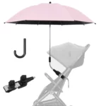 Parapluie rose pour poussette, avec support et crochet, offrant une protection UV optimale contre la pluie et le soleil.