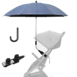 Parapluie poussette bleu avec support noir, fixation pratique, protège efficacement contre la pluie et les rayons UV.