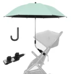 Parapluie poussette couleur menthe avec support, crochet inclus, protection UV et pluie idéale pour promenades confortables.