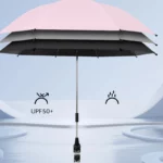 Parapluie poussette protection UV UPF50+, design rose-noir élégant, résistant pluie, idéal pour toute saison et promenade extérieure.