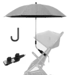 Parapluie poussette gris, protection UV parfaite, facile à fixer, idéal pour protéger bébé du soleil et de la pluie.