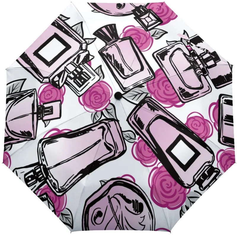 Parapluie rose automatique femme avec motifs de flacons de parfum et roses, élégant et pratique pour une protection stylée contre la pluie.