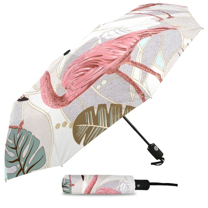 Parapluie rose automatique avec flamants roses et feuillage tropical, pratique et élégant pour un style unique même sous la pluie.