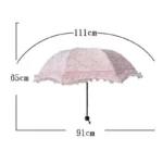 Parapluie pliant rose avec dentelle élégant pour mariage, 111 cm de diamètre, 65 cm de hauteur, tige de 91 cm, manuel, raffiné.