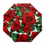 Parapluie rouge automatique avec motifs de roses rouges vintage, élégant et pratique pour se protéger de la pluie avec style.