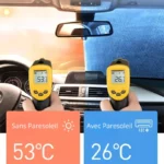Comparaison de température en voiture avec/sans pare-soleil anti-UV aluminium 140 cm : 53°C vs 26,1°C, efficacité optimale.