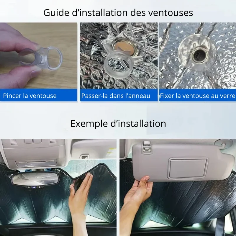 Installation des ventouses pour pare-soleil anti-UV aluminium 140 cm : fixation simple et efficace pour protéger votre pare-brise.