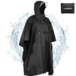 Poncho de pluie homme imperméable noir avec capuche ajustable, poche zippée, léger, pratique pour la randonnée et les intempéries.