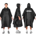 Poncho de pluie imperméable noir homme avec capuche, parfait pour la randonnée. Vue avant, latérale et arrière.