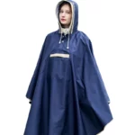 Poncho femme large bleu marine avec capuche, imperméable, style coréen, avec pochette assortie pour femmes et enfants.