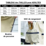 Tableau des tailles adultes en cm avec illustration d'un sac de rangement beige à bouton pression pour poncho femme large coréen.