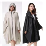 Poncho femme long zip taille unique, élégant et pratique, disponible en beige et noir, parfait pour protéger de la pluie avec style.
