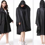 Poncho femme long zip noir avec capuche, taille unique, élégant et pratique pour la pluie, parfait pour toutes saisons.