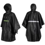 Poncho imperméable mixte noir avec capuche, poche zippée et bande fluo réfléchissante, idéal pour la pluie et la visibilité.