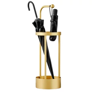 Porte-parapluie de luxe doré avec parapluies noirs, design élégant et fonctionnel, parfait pour sublimer votre intérieur.