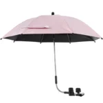 Parapluie poussette rose et noir anti-UV double couche avec fixation pratique, adapté aux landaus pour protéger bébé des intempéries.
