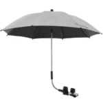 Parapluie poussette landau anti-UV, armature flexible, fixation facile, toile noire et grise, protection pluie et soleil.