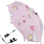 Parapluie rose motifs étoiles et nuages, anti-UV, adaptable poussettes et landaus, pratique et fantaisie pour sorties ensoleillées.