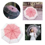 Parapluie transparent fleuri avec motifs roses, affiché sous la pluie et porté par une femme en robe blanche, élégant et tendance.
