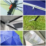 Parapluie de pêche léger, collage des détails : pliage, zip, attaches, piquet, vues intérieure et extérieure du parapluie bleu.