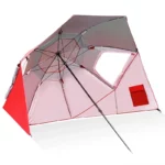 Parapluie de pêche léger rouge et transparent, innovant, spacieux, avec ouvertures latérales pour une protection optimale contre la pluie.