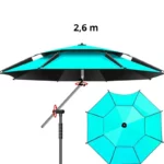 Parapluie de pêche octogonal turquoise 2,6 m, robuste et pratique, parfait pour se protéger efficacement du soleil et de la pluie.