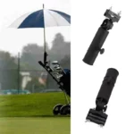 Parapluie de golf bleu et blanc avec support noir de fixation, idéal pour chariots. Parfait pour protéger sous la pluie lors du golf.