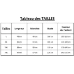 Tableau des tailles poncho bébé/enfant imperméable, longueurs, manches, buste, hauteur recommandée, tailles L à 3XL.