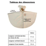 Poncho enfant motif ours lapin - Tableau des dimensions : longueurs face, verticales devant/derrière, et manches détaillées.